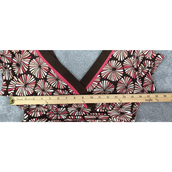 Studio 1 Midi Dress Sz 10 Medium Pink Brown Retro Y2K V Neck Ruched Waist - Picture 6 of 10